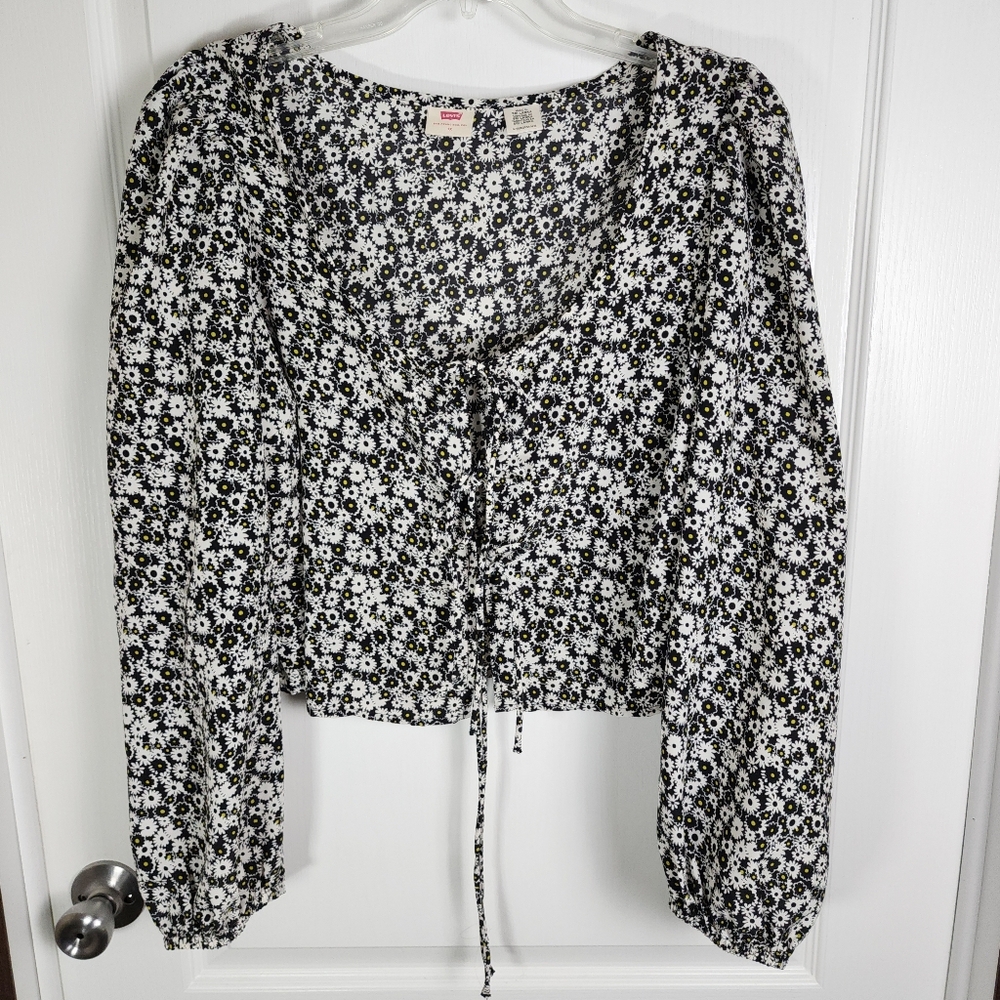 Womens Levis Embry Tie Puff Sleeve Top Size 1X Floral Black White